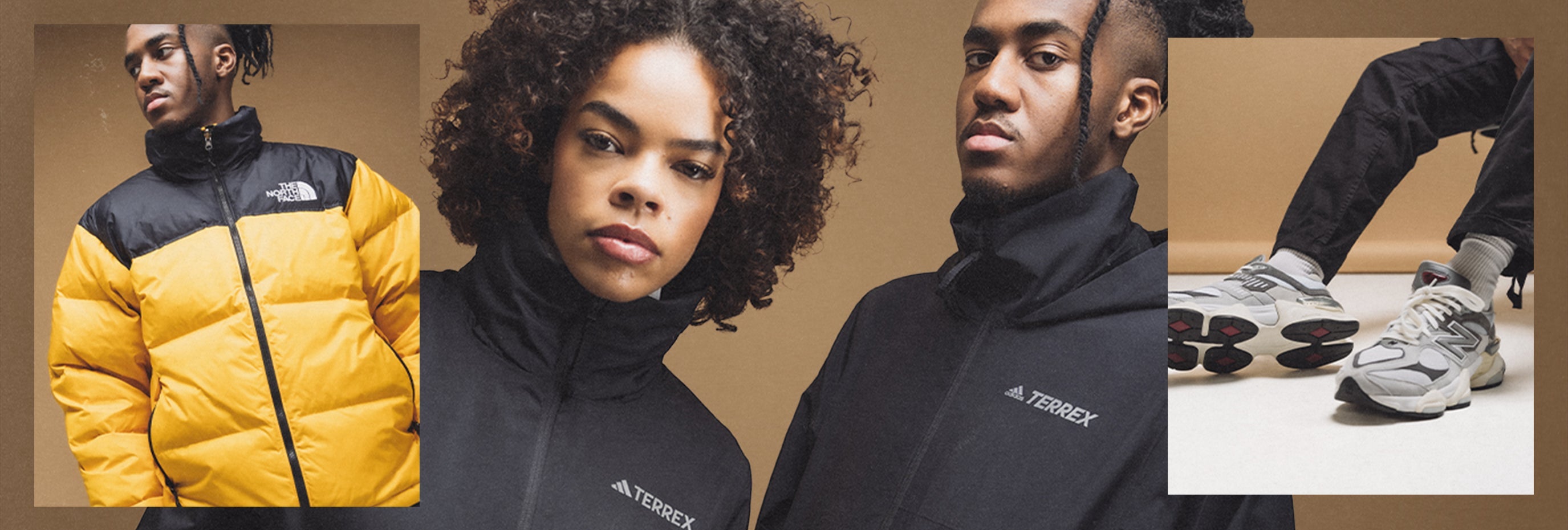 A man in The North Face's Nuptse Jacket, a man and woman in the adidas Terrex RAIN.RDY Jacket, and a man in New Balance's U9060GRY.