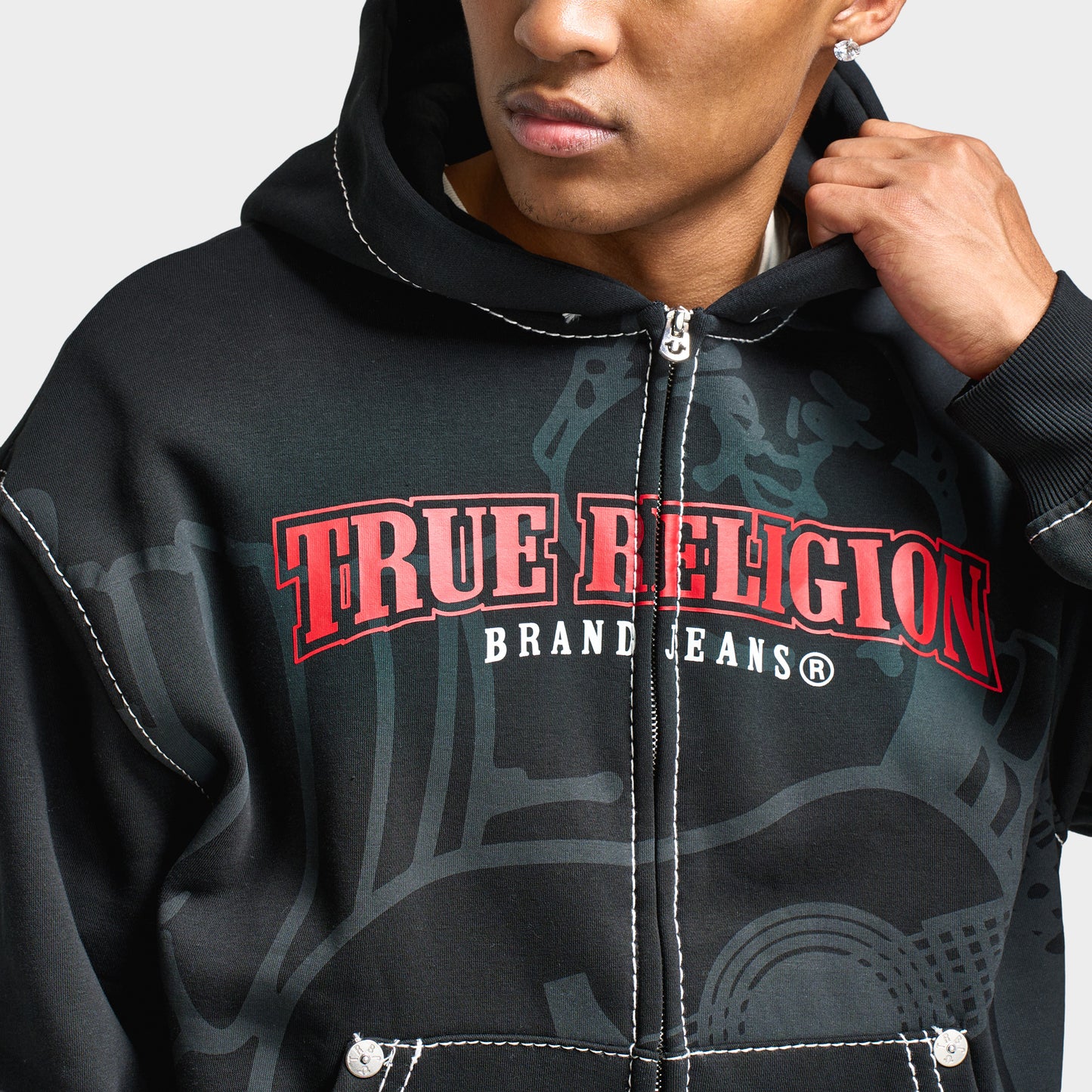 True Religion Cinched Big T Zip Up Hoodie / Jet Black