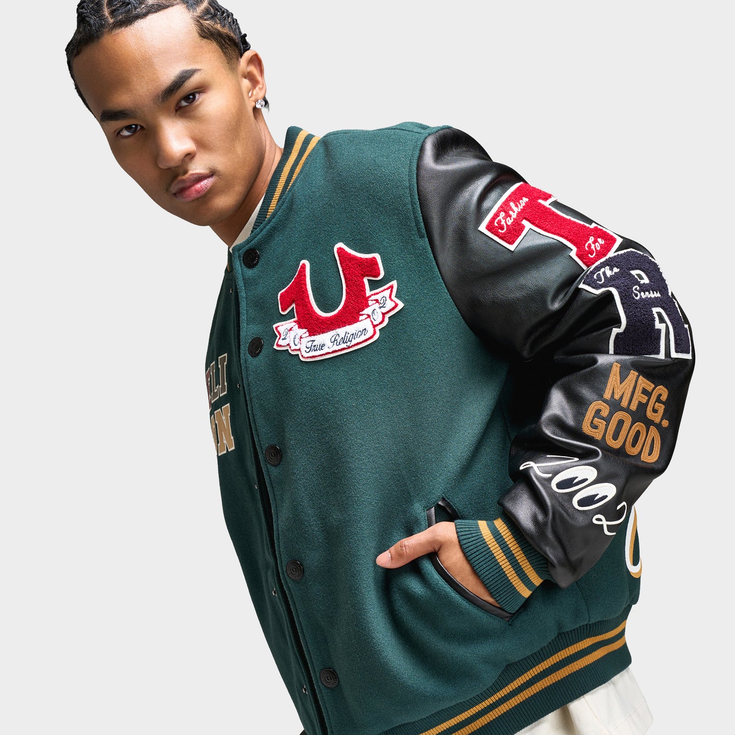 True Religion Cat Lover Varsity Jacket / Green