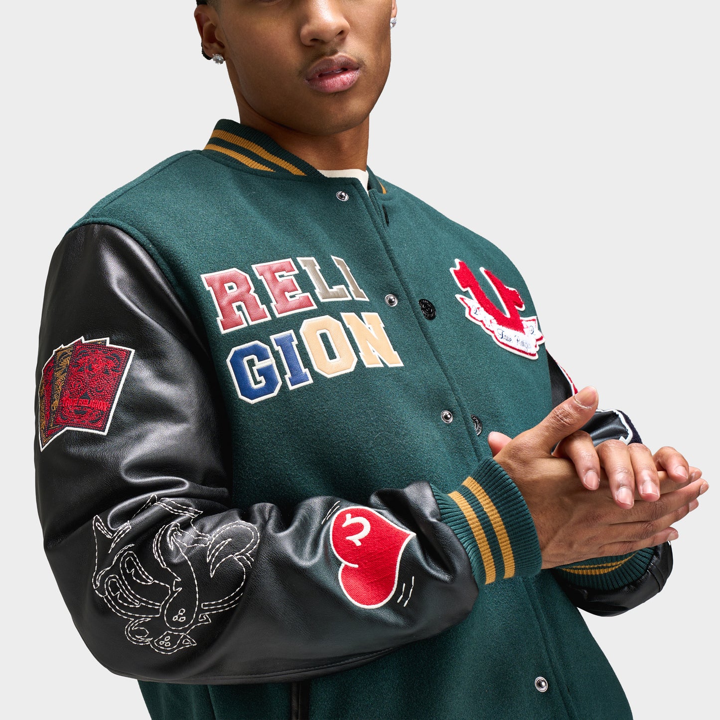 True Religion Cat Lover Varsity Jacket / Green