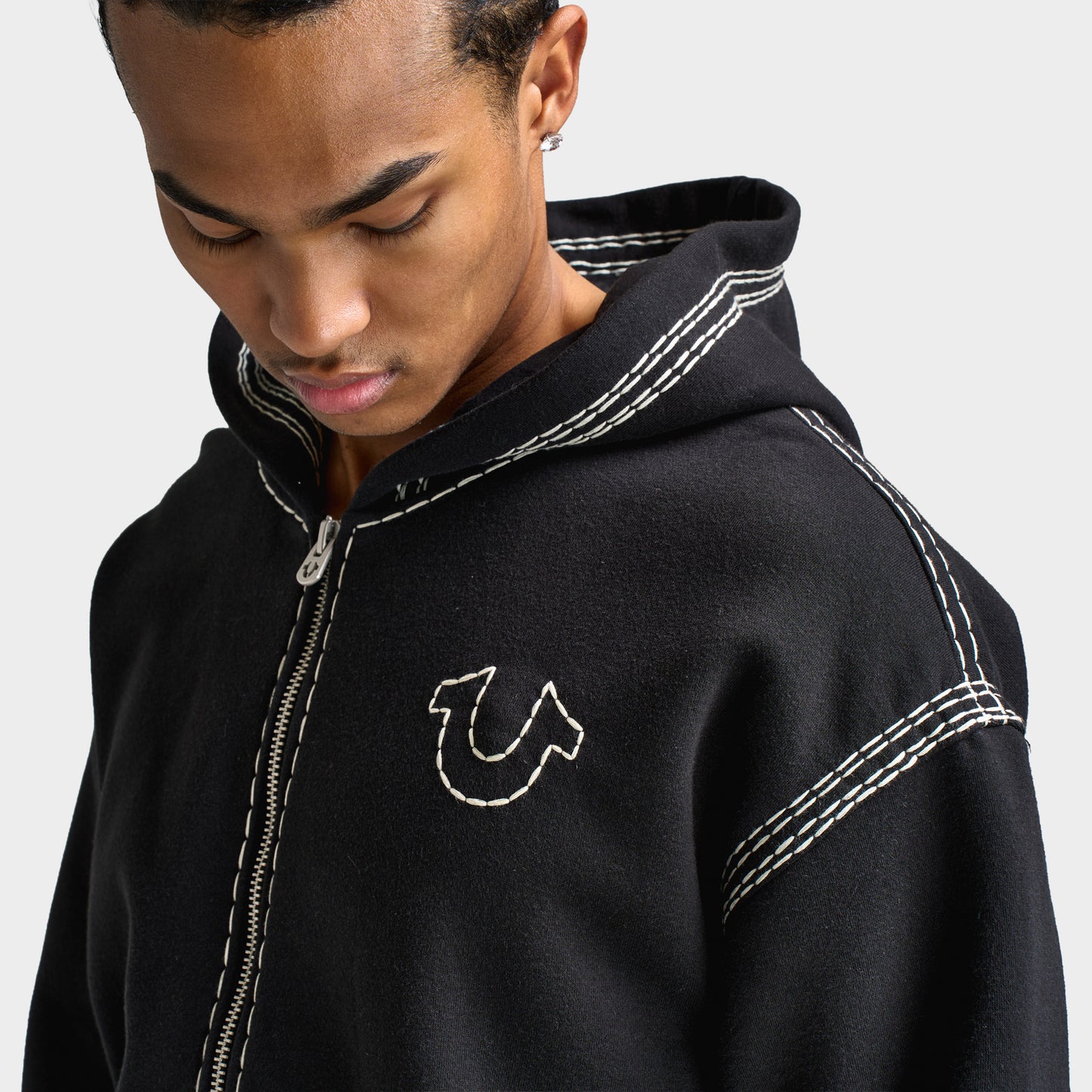 True Religion Super Quad Stitch Zip Up Hoodie / Black