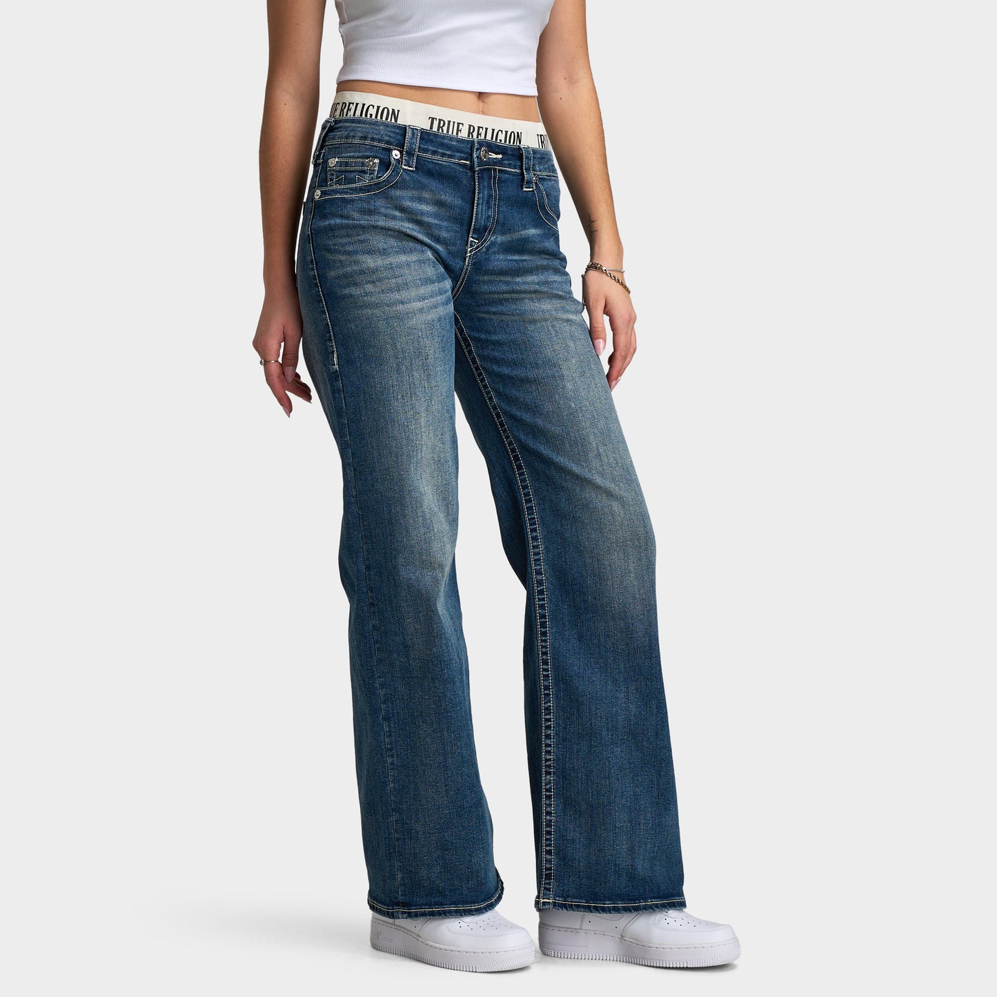 True Religion Women's Elastic Brief Bobbi Baggy Jean / Blue