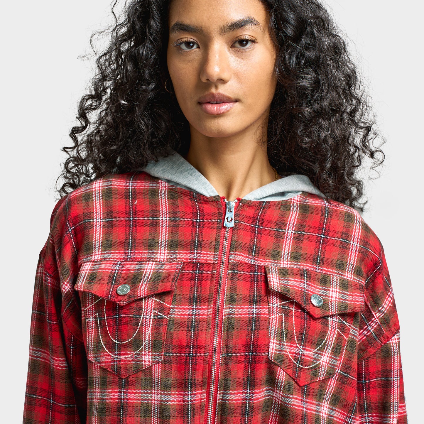 True Religion Women's Applique Hoodie Shrunken Zip / Red Plaid