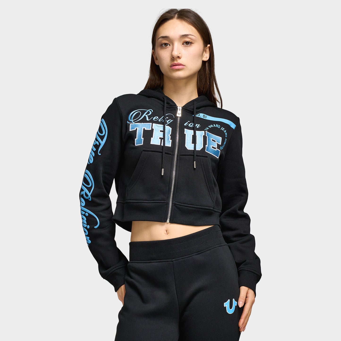 True Religion Femmes Chandail à Capuchon Zippé Court Brodé / Noir