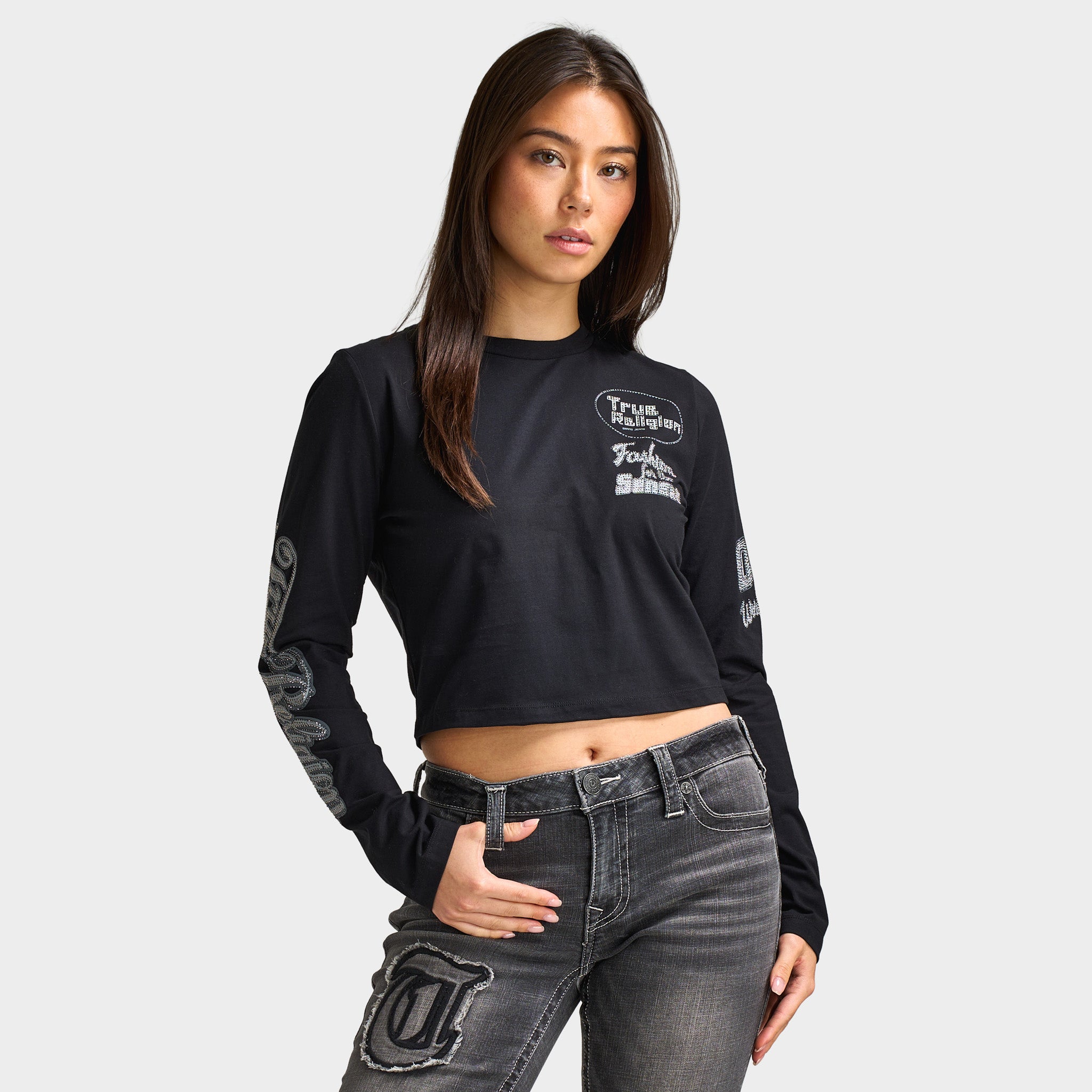 True Religion Women's Bedazzled Crystal Sporty Long Sleeve Baby