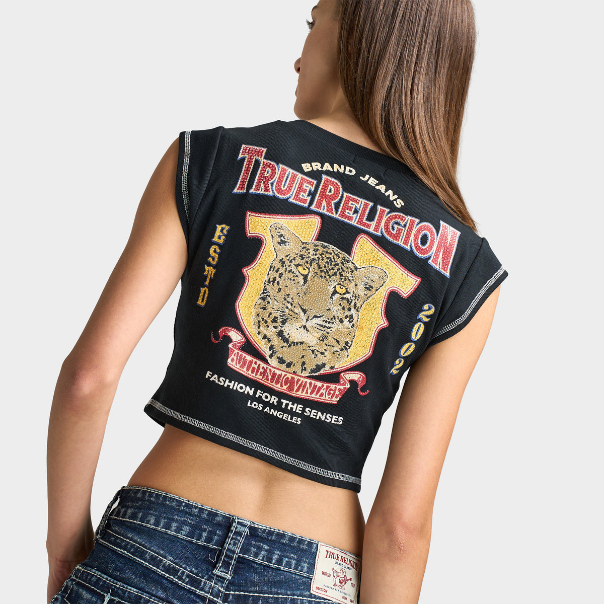 True Religion Women's Crystal Cheetah Rib Notch Tee / Jet Black