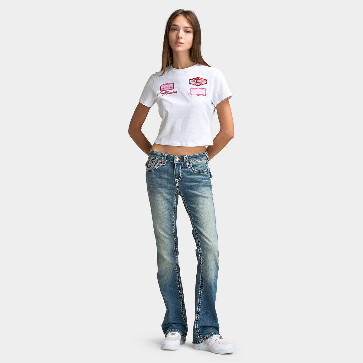 True Religion Women's Embroidery Patch Baby T-Shirt / Optic