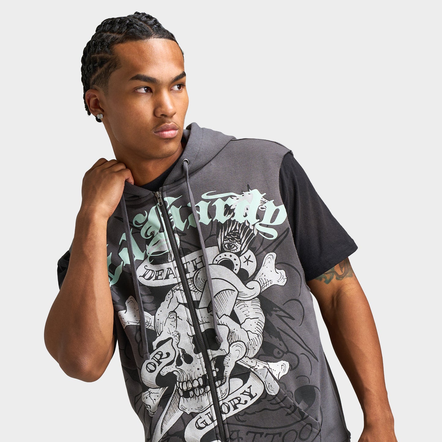 Ed Hardy DG Skull Sleeveles Hoodie / Charcoal