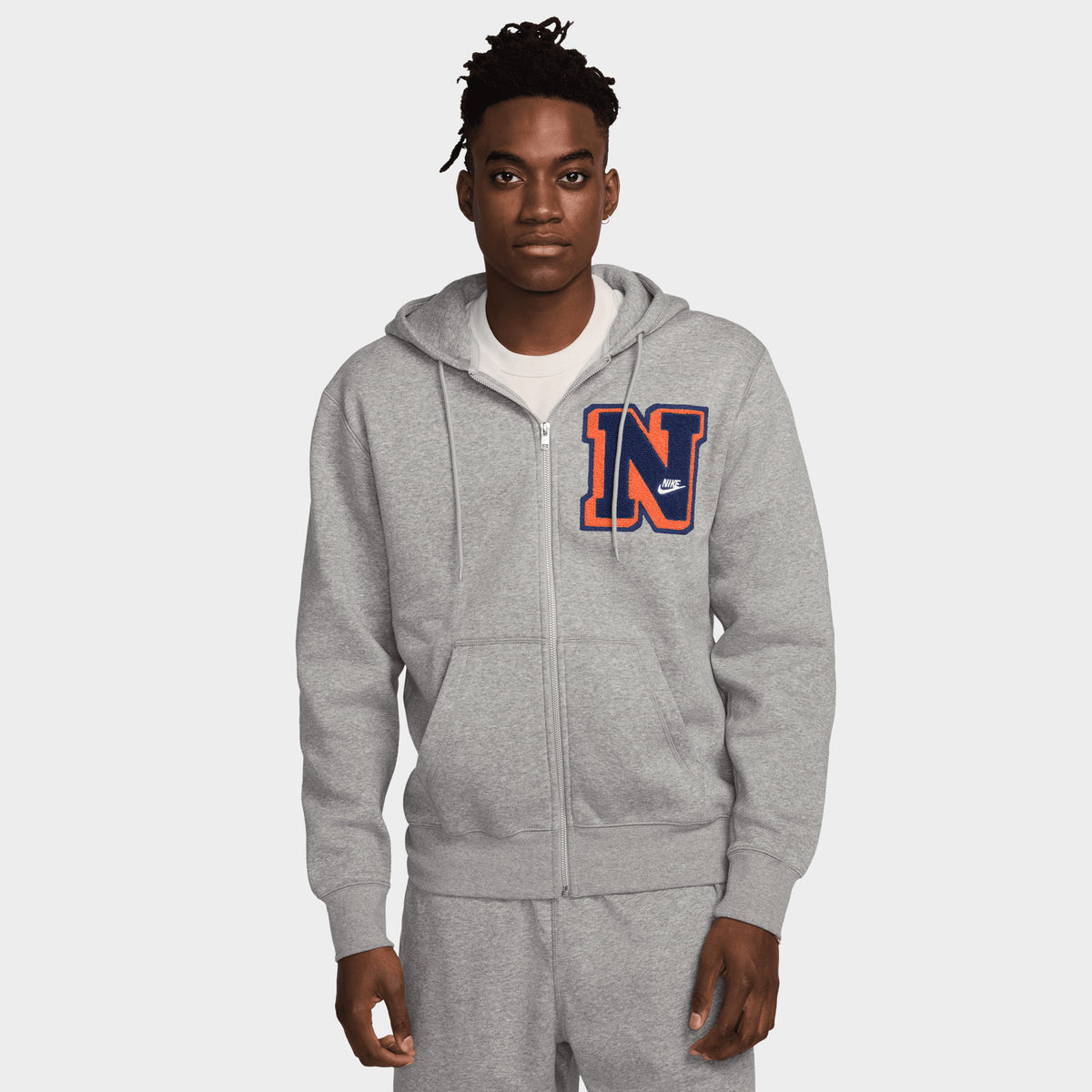 Nike Club Fleece Full Zip Varsity Hoodie Dark Grey Heather