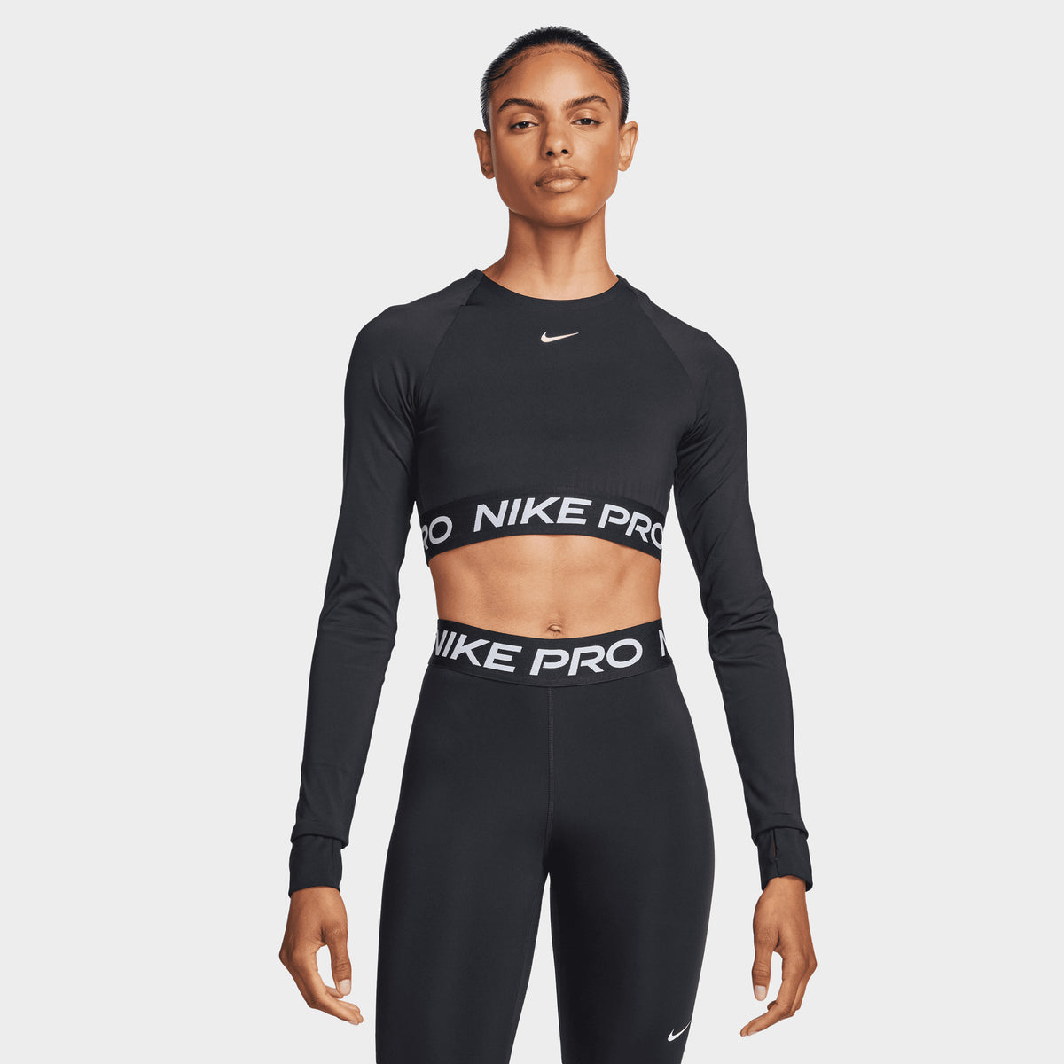 Nike Women s Pro 365 Dri FIT Cropped Long Sleeve Top Black White JD Sports