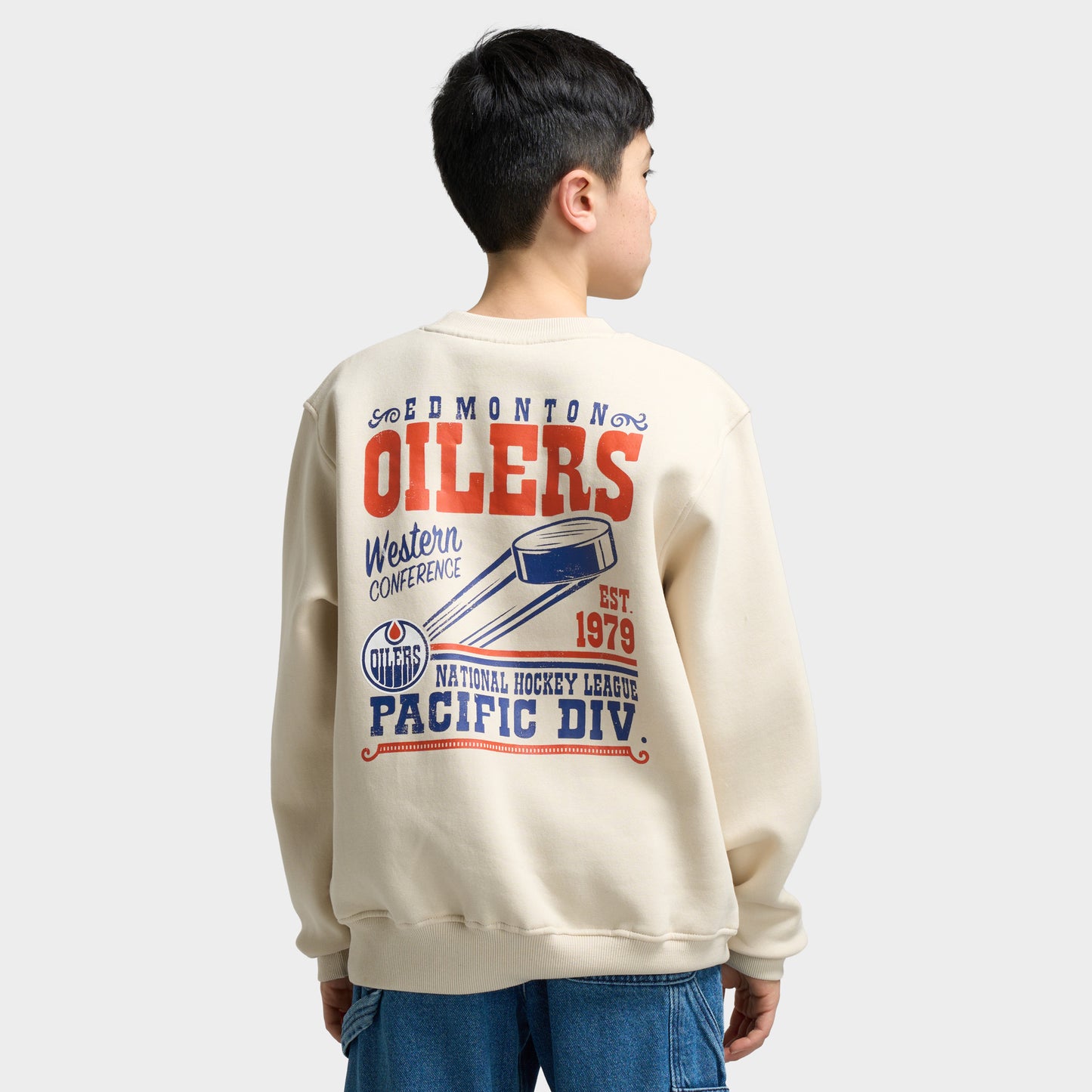 Mitchell & Ness Juniors' NHL Bulletin Pullover Fleece Crew Oilers / Cream