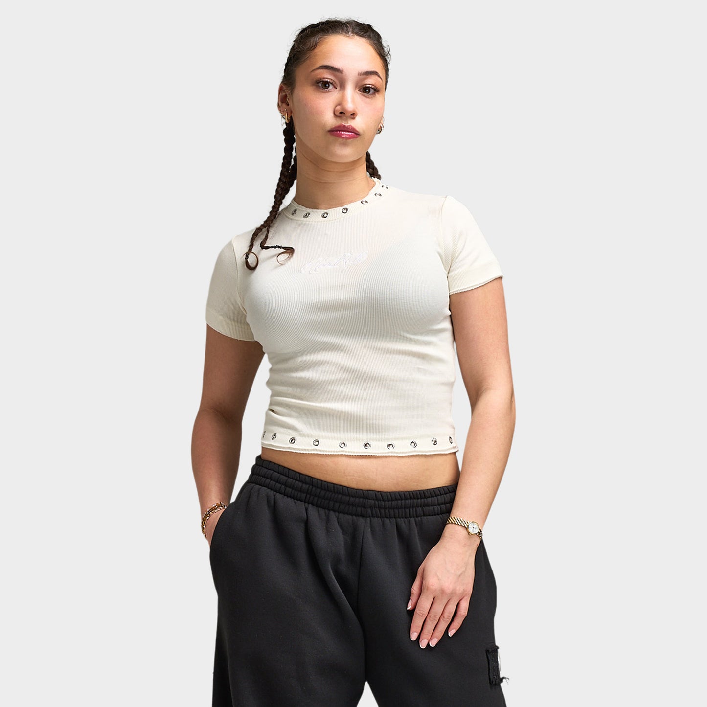 Hoodrich Baya Raw Hem Eyelet Fitted T-Shirt / White Alyssum
