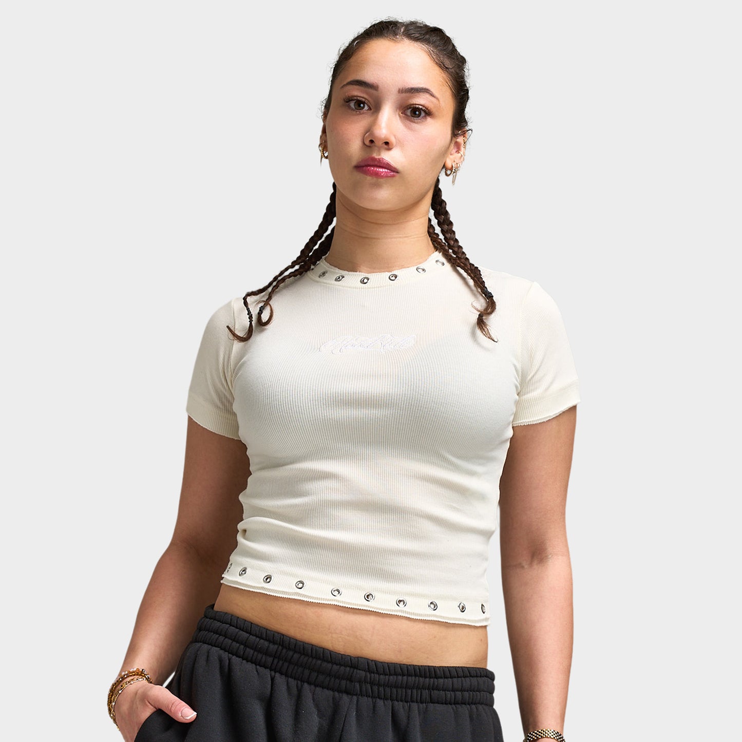 Hoodrich Baya Raw Hem Eyelet Fitted T-Shirt / White Alyssum