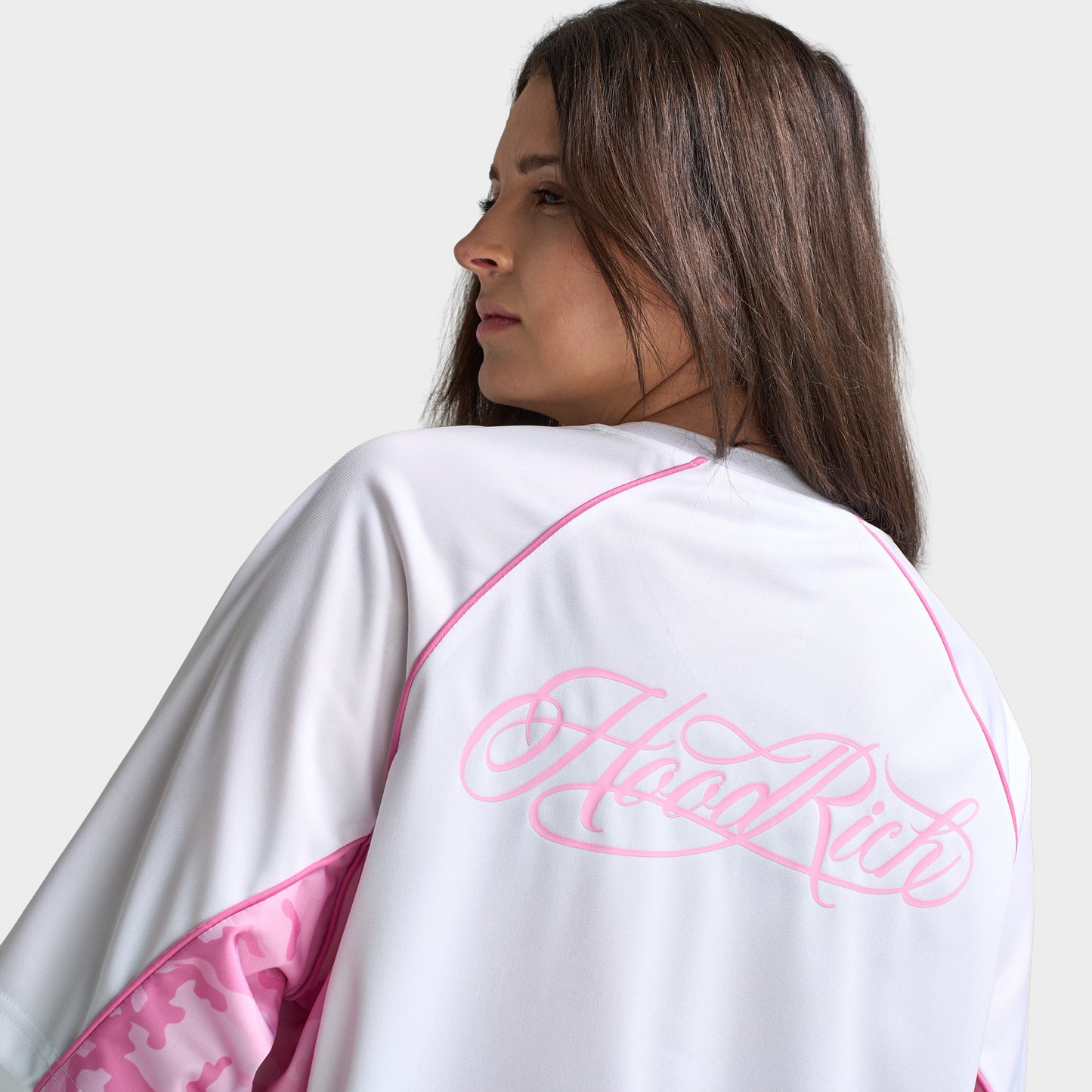 Hoodrich Col en V Surdimensionné Raglan Maillot Blanc / Lilas Sachet -Rose Cam
