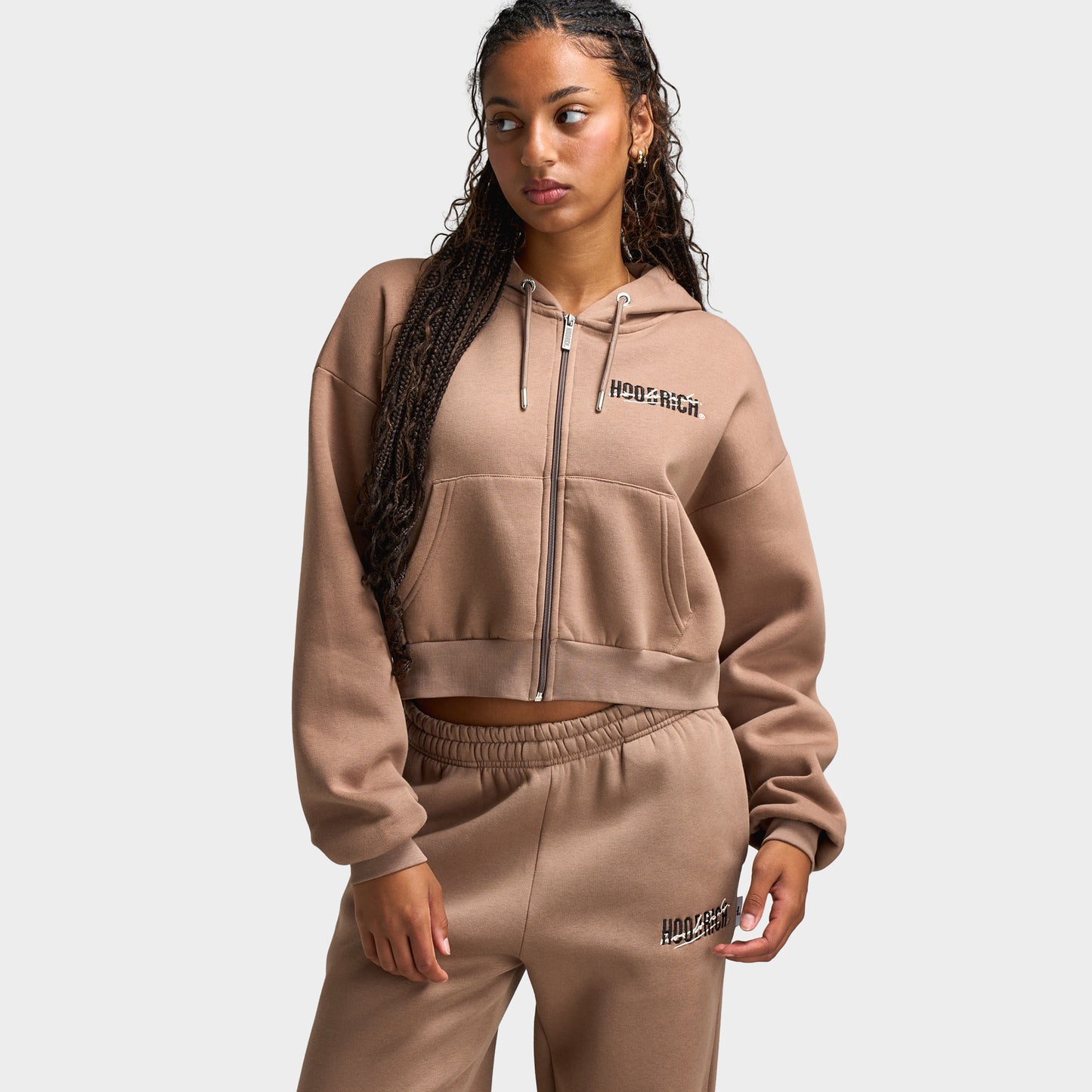 Hoodrich Women's Zip Through Boxy Hoodie Portabella / Black - Whitecap Gray