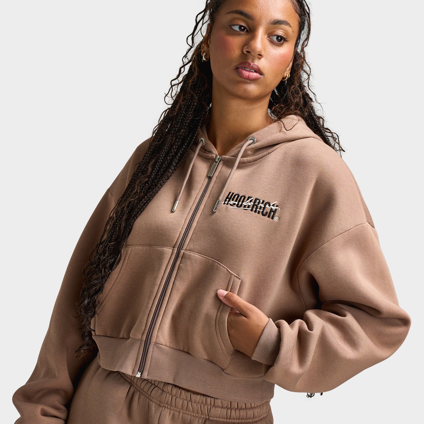 Hoodrich Women's Zip Through Boxy Hoodie Portabella / Black - Whitecap Gray