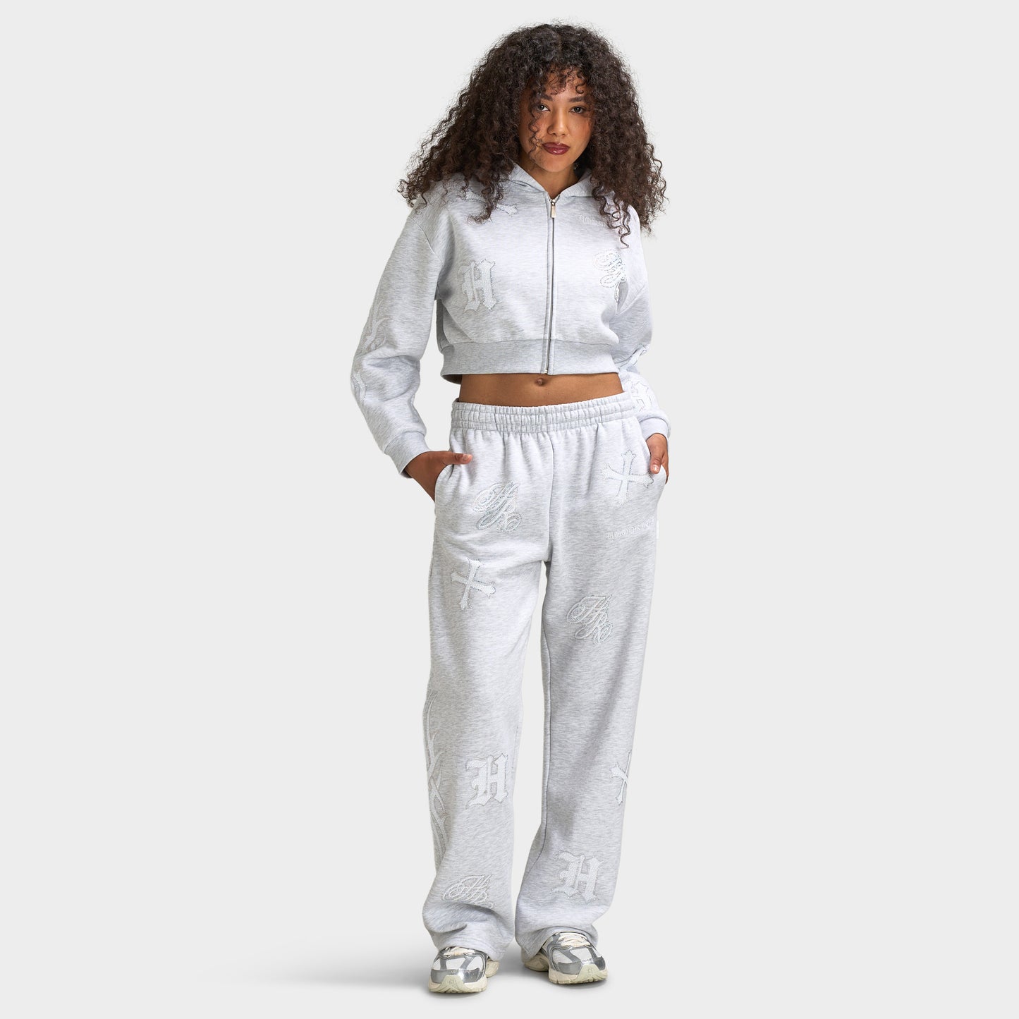 Hoodrich Scarlet Wide Leg Jogger Light Grey Marl / White - Iridescent Rhinestones