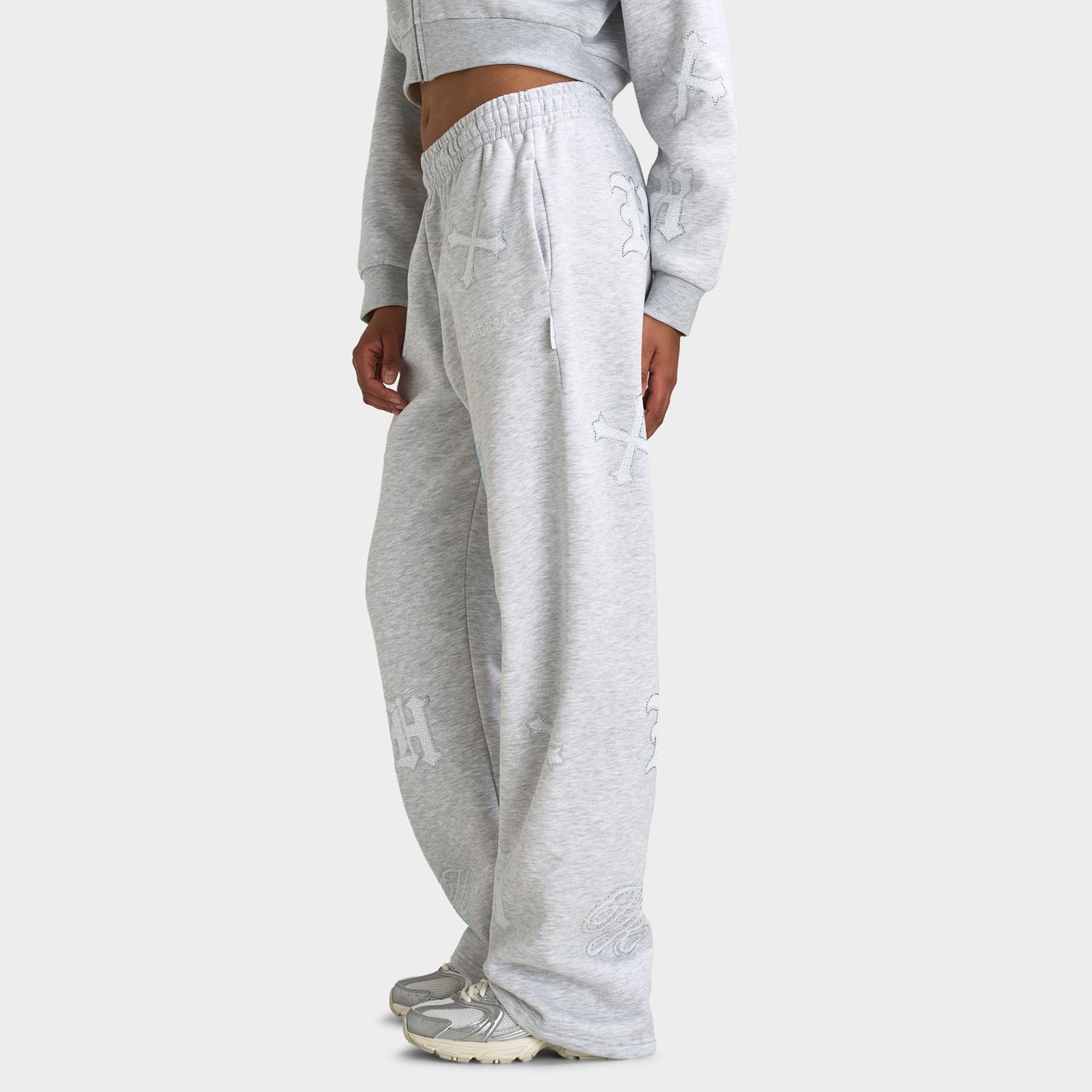 Hoodrich Scarlet Wide Leg Jogger Light Grey Marl / White - Iridescent Rhinestones
