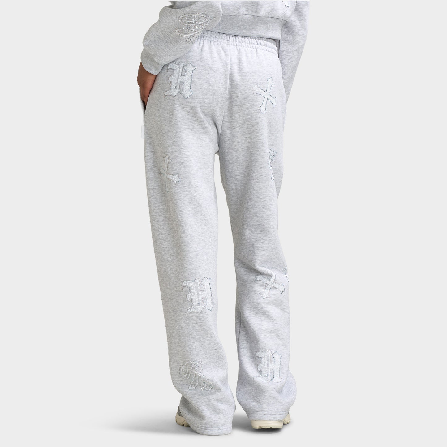 Hoodrich Scarlet Wide Leg Jogger Light Grey Marl / White - Iridescent Rhinestones