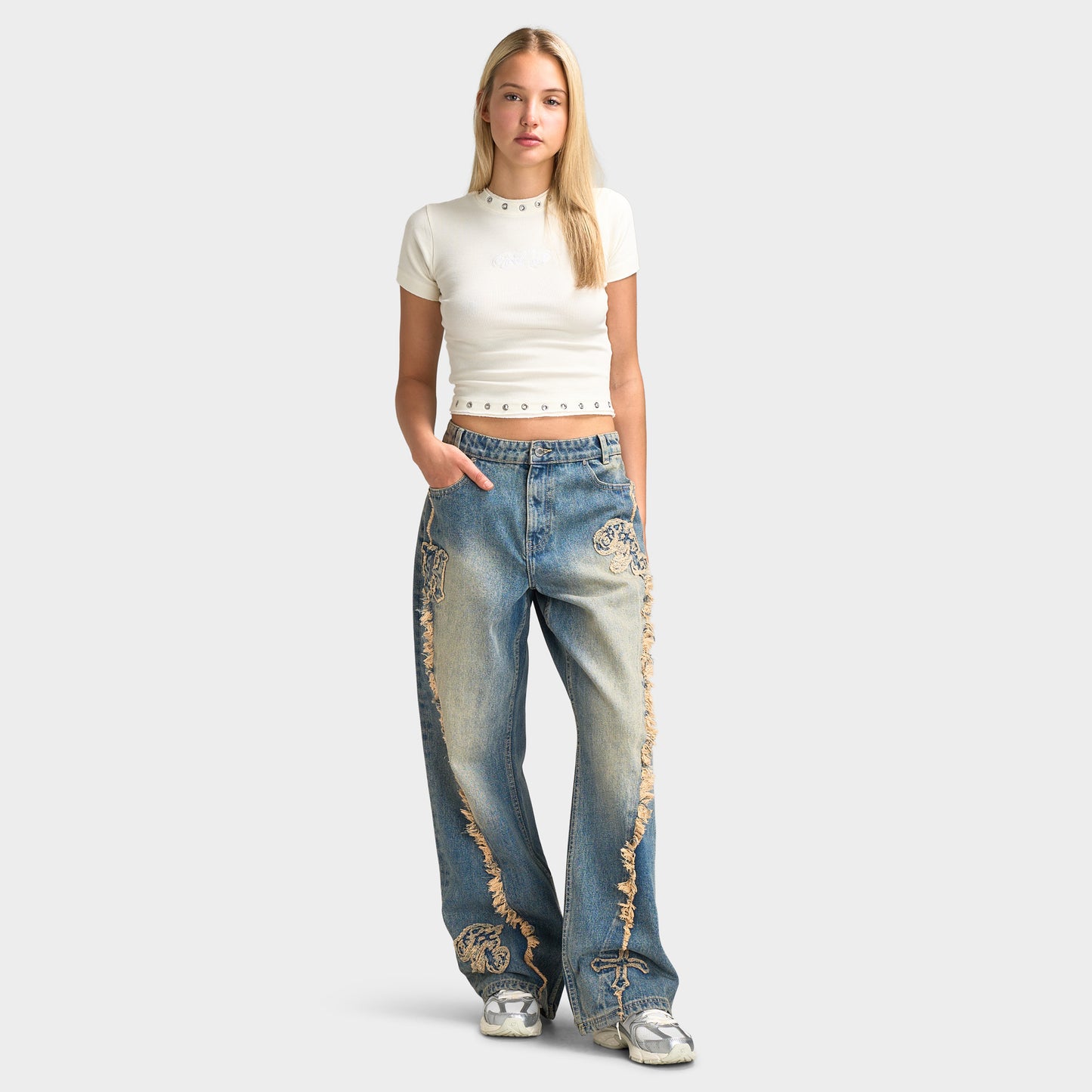 Hoodrich Scarlet Wide Leg Jeans Dirty Tinted Wash / White