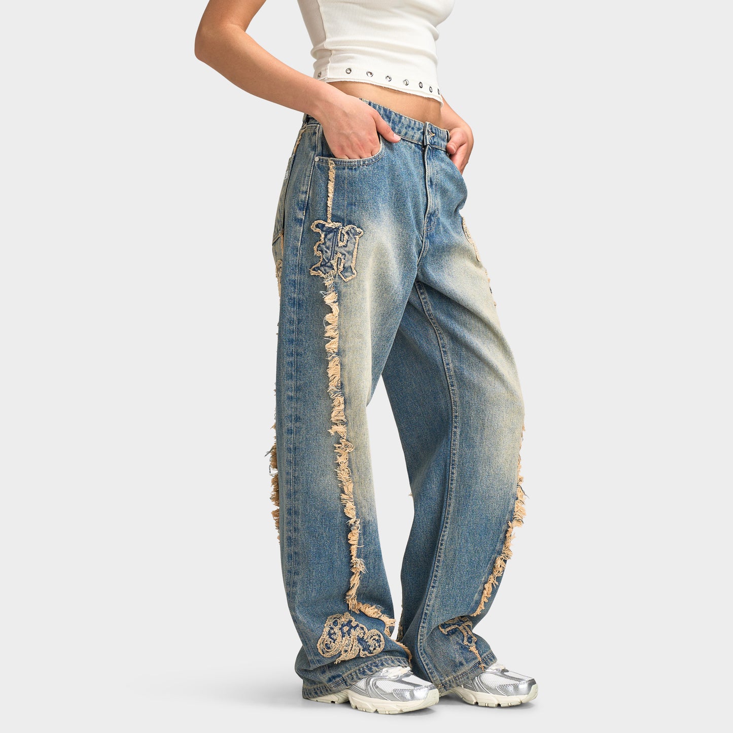 Hoodrich Scarlet Wide Leg Jeans Dirty Tinted Wash / White