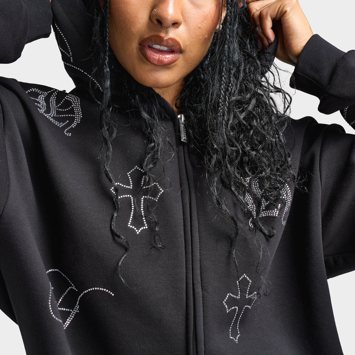 Hoodrich Women's Crystal Full Zip Oversized Hoodie Black