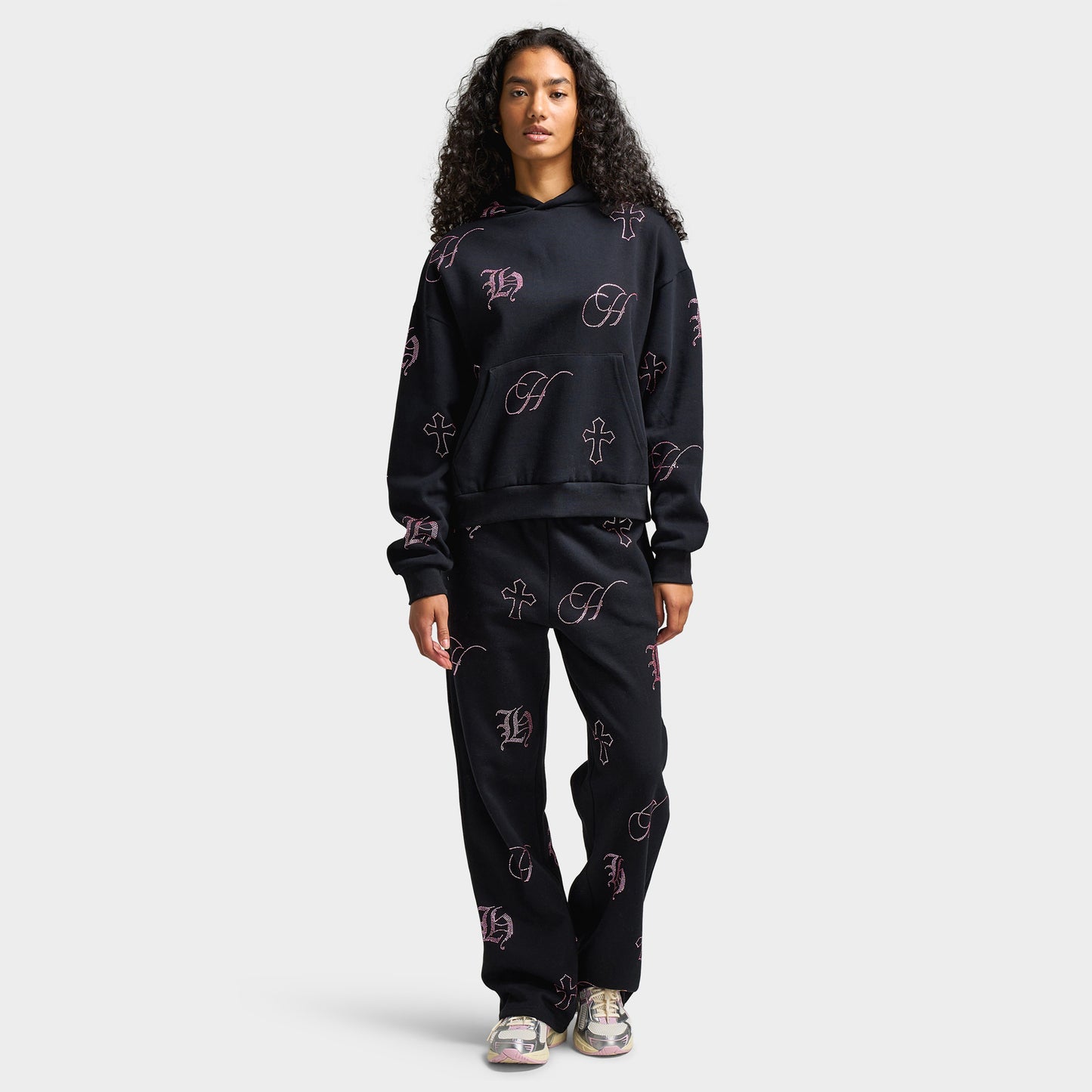 Hoodrich Women's Crystal Mid Length Hoodie Black / Pink Rhinestone