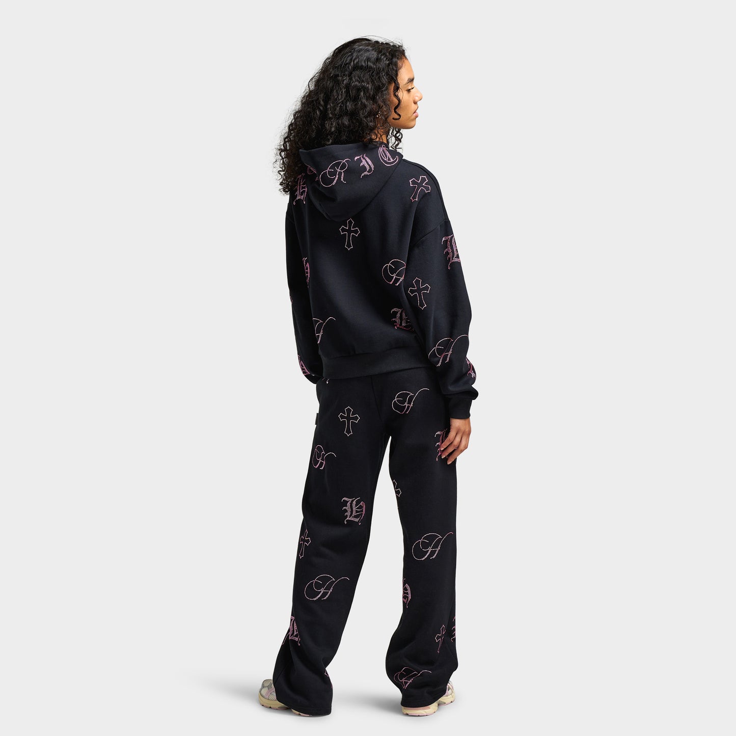 Hoodrich Women's Crystal Mid Length Hoodie Black / Pink Rhinestone