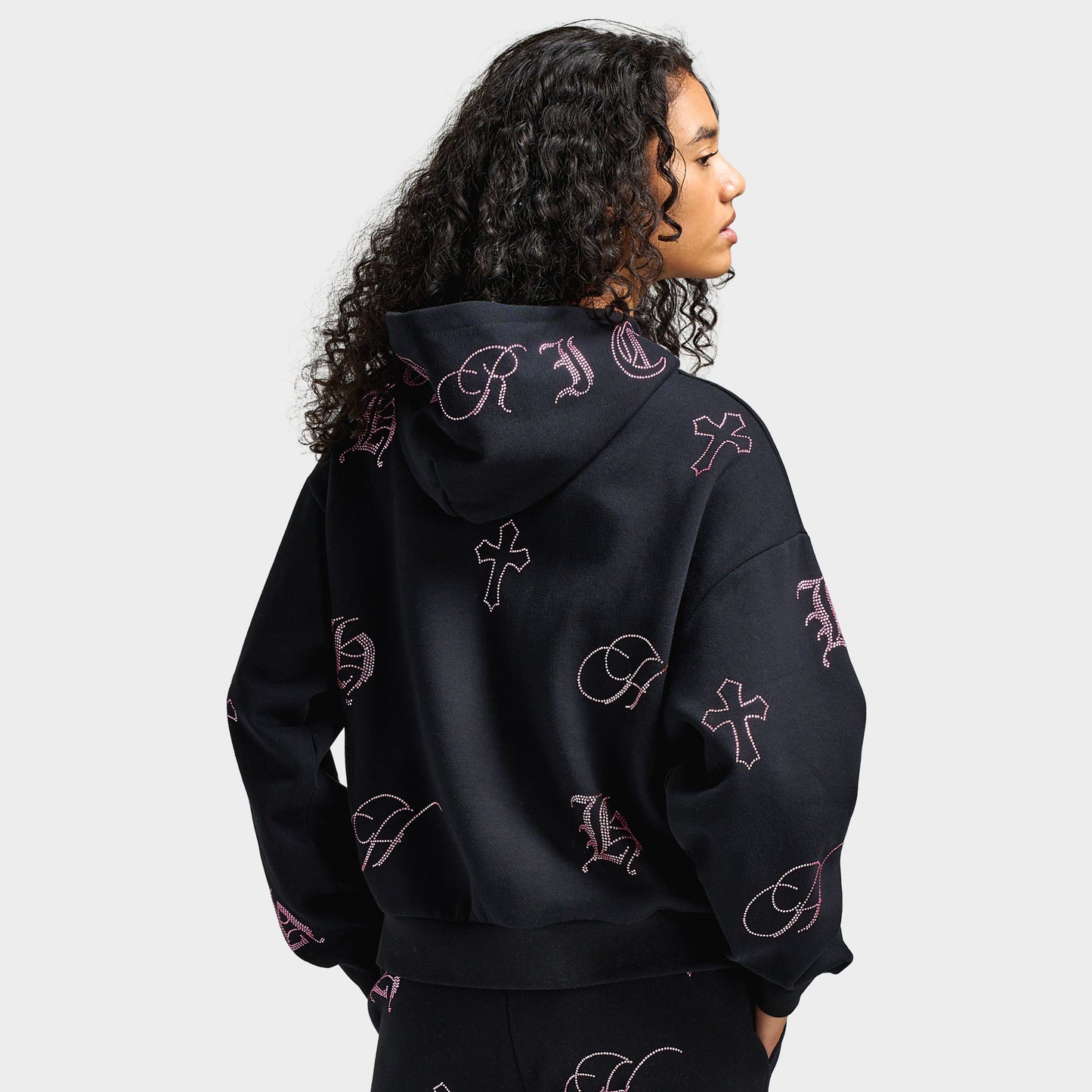 Hoodrich Women's Crystal Mid Length Hoodie Black / Pink Rhinestone