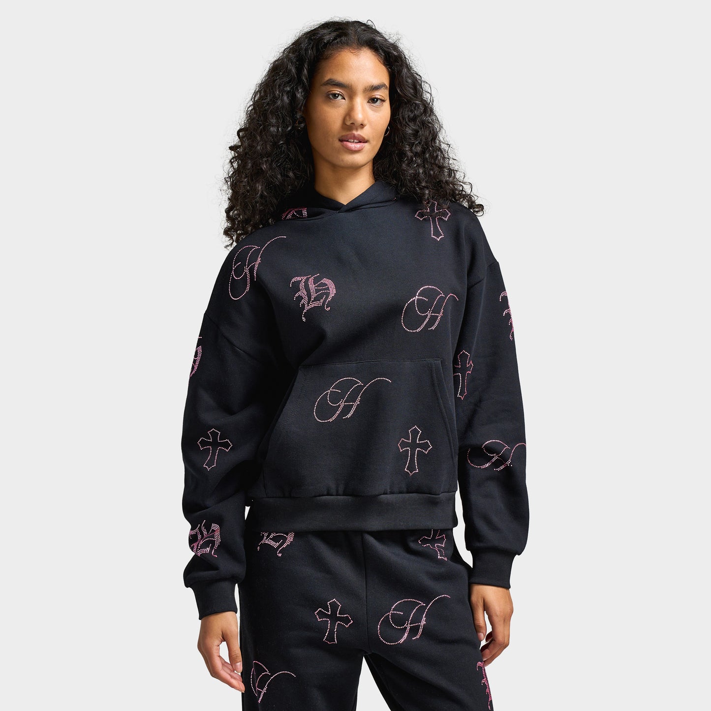 Hoodrich Women's Crystal Mid Length Hoodie Black / Pink Rhinestone