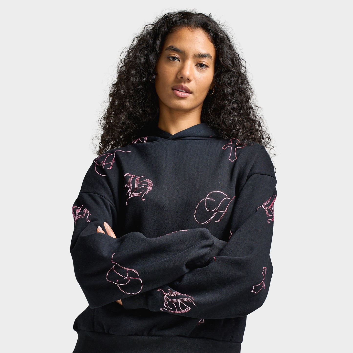 Hoodrich Women's Crystal Mid Length Hoodie Black / Pink Rhinestone