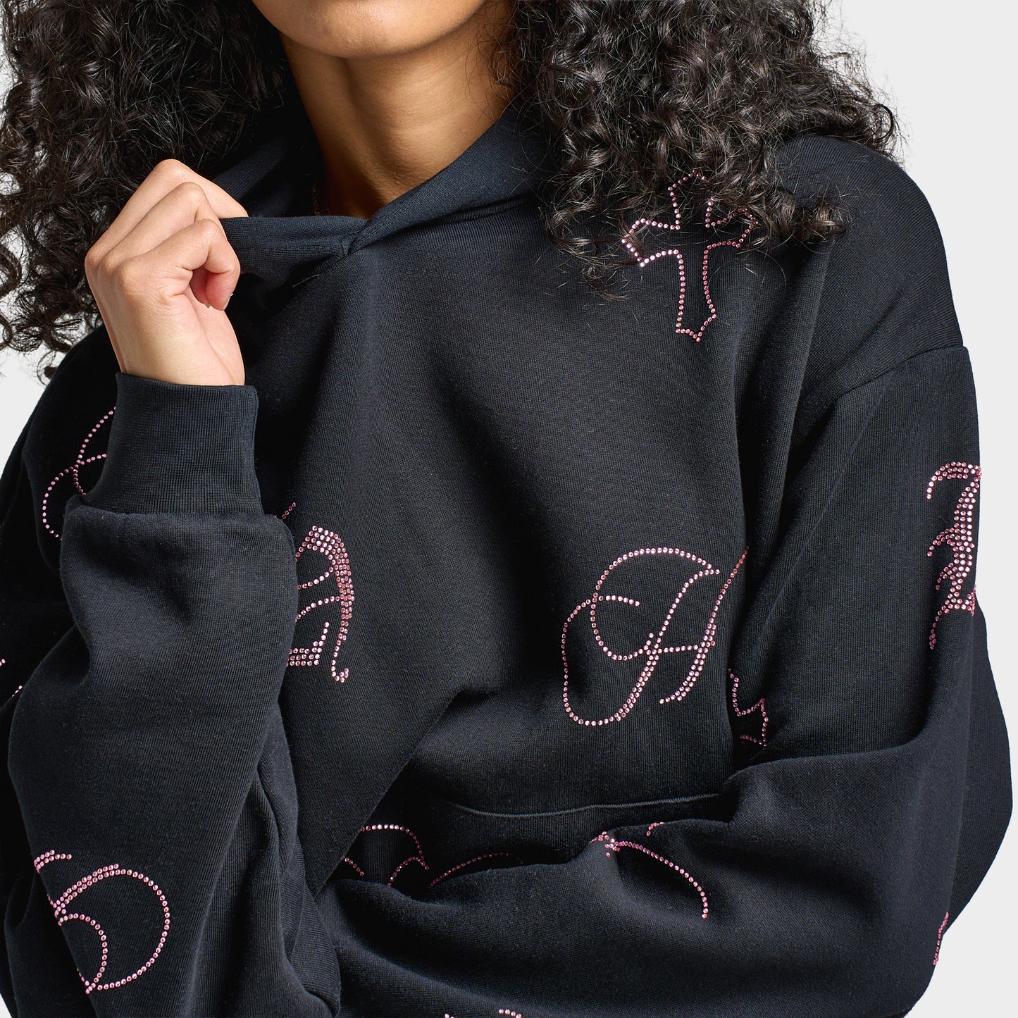 Hoodrich Women's Crystal Mid Length Hoodie Black / Pink Rhinestone
