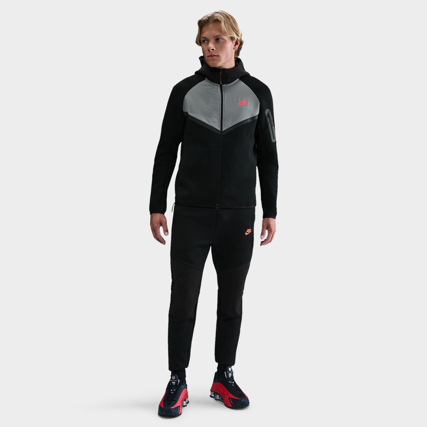 Nike Tech Fleece Full Zip Windrunner Chandail à Capuchon Noir / Gris Fumé - Cramoisi Vif