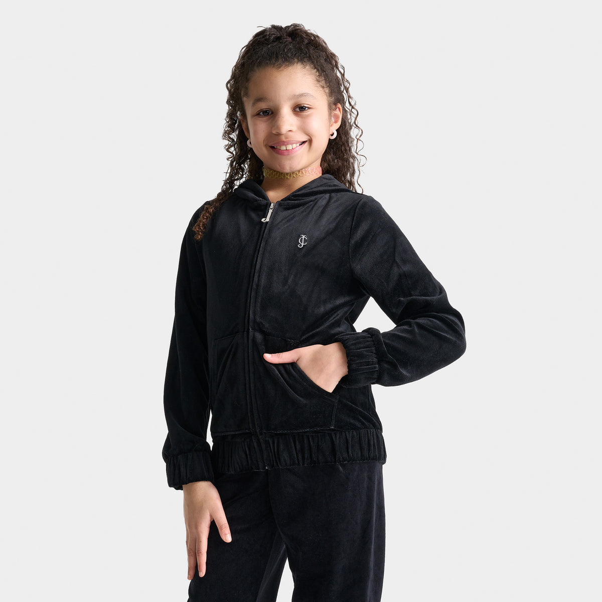 Juicy Couture Junior Girls Velour Full Zip Hoodie Deep Black