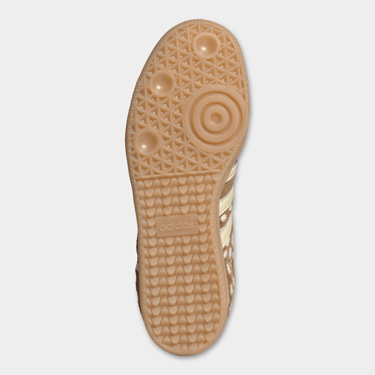adidas Originals Women's Samba OG. Bottom view of single shoe displaying full gum rubber outsole with multi-directional traction pattern and central pivot point.
