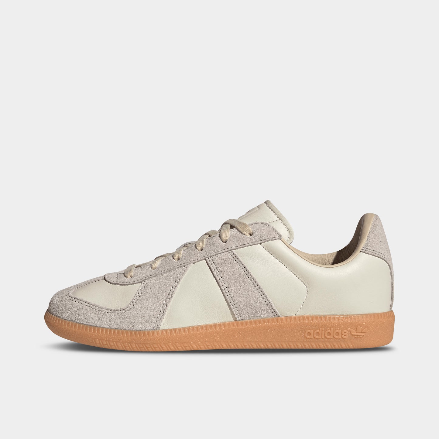 adidas BW Army. Side view of chalk white, clear granite and gum sneaker with tonal three stripes, stitched overlays and low-profile gum sole.