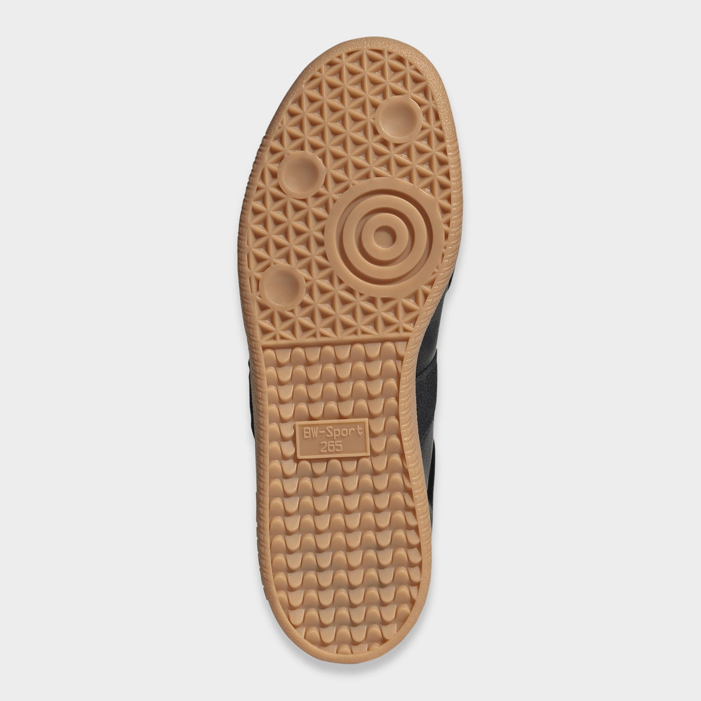 adidas BW Army. Bottom view of black and gum sneaker showing brown gum outsole with circular forefoot tread and herringbone grooves.