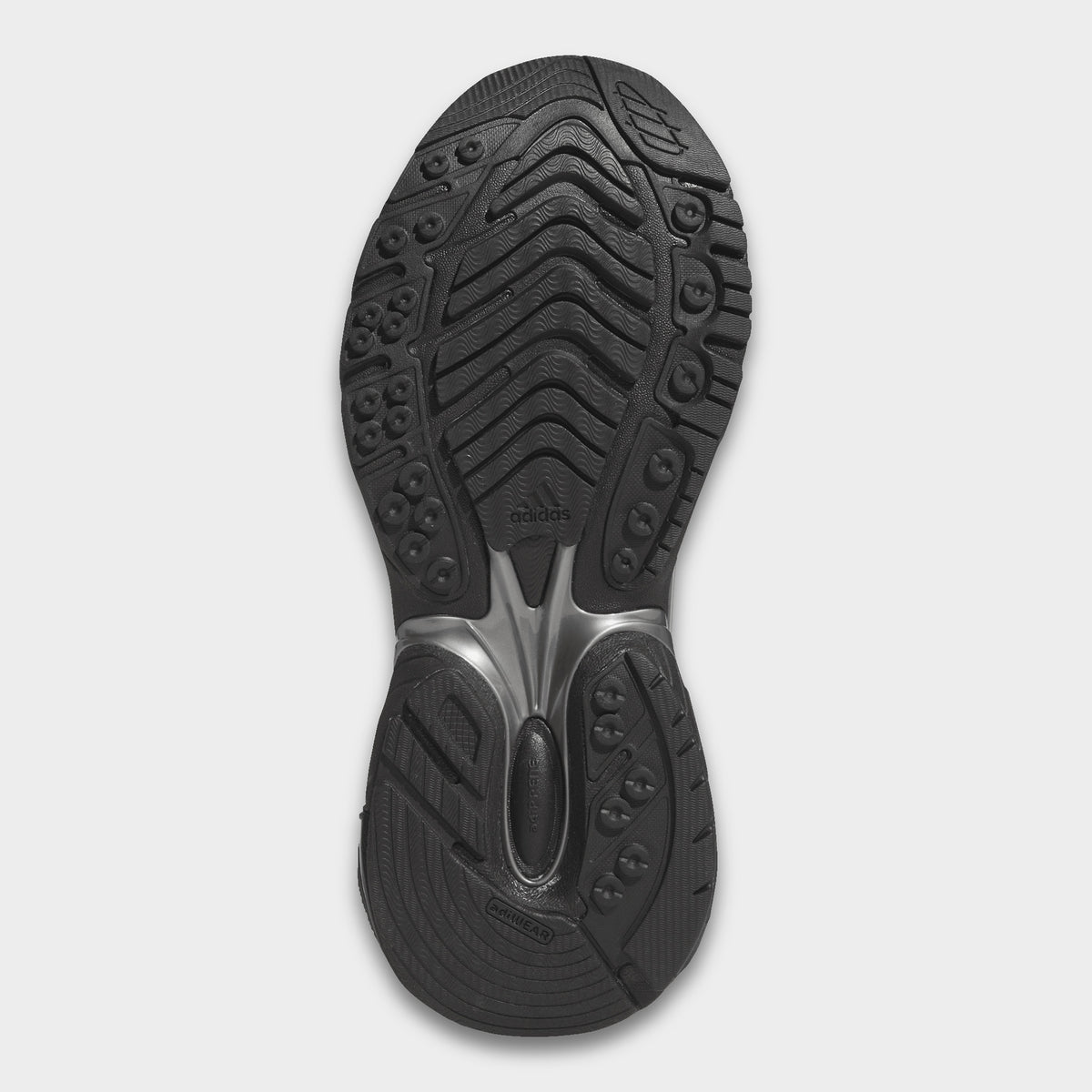 adidas Adistar XLG 2.0. Bottom view of core black and iron metallic sneaker showing black outsole with segmented tread pattern.