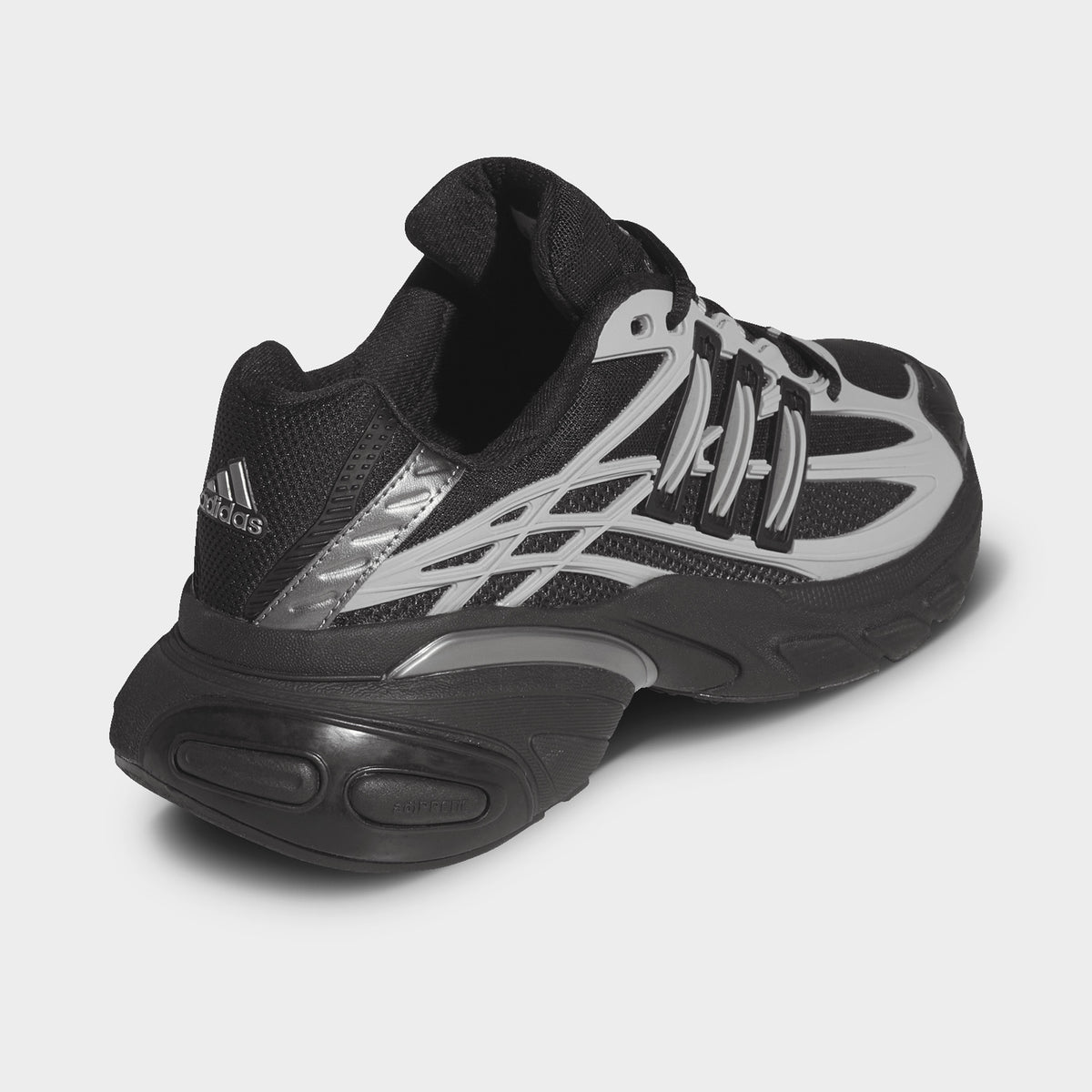 adidas Adistar XLG 2.0. Opposite side view of core black and iron metallic sneaker with layered panels, metallic detailing and sculpted heel.