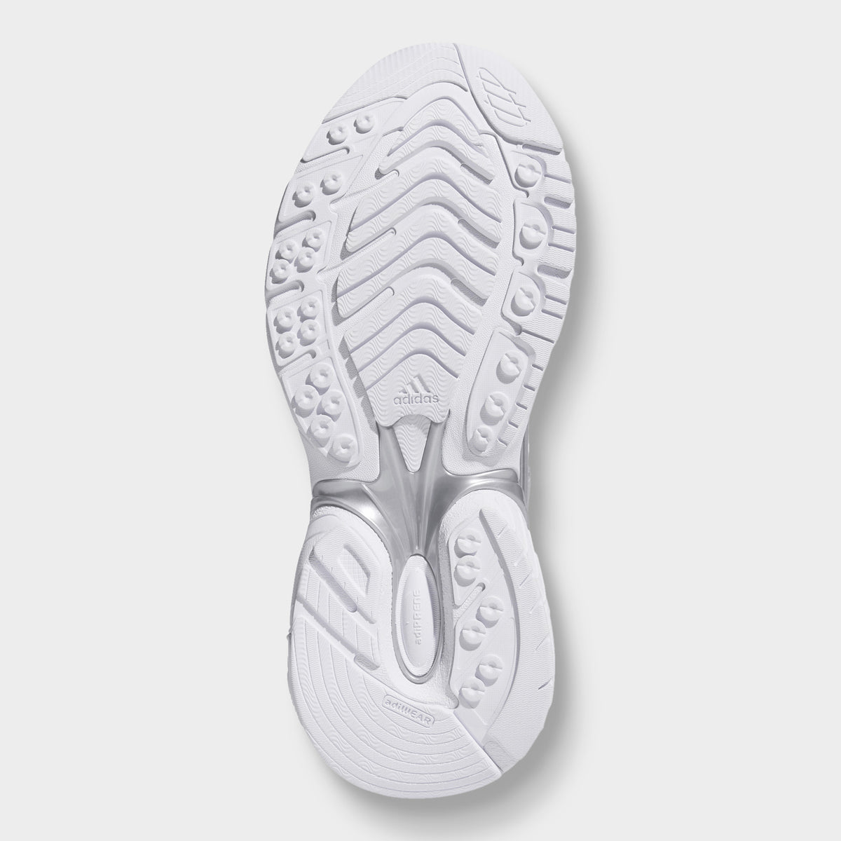 adidas Adistar XLG 2.0. Bottom view of footwear white and silver metallic sneaker showing white outsole with segmented tread pattern.