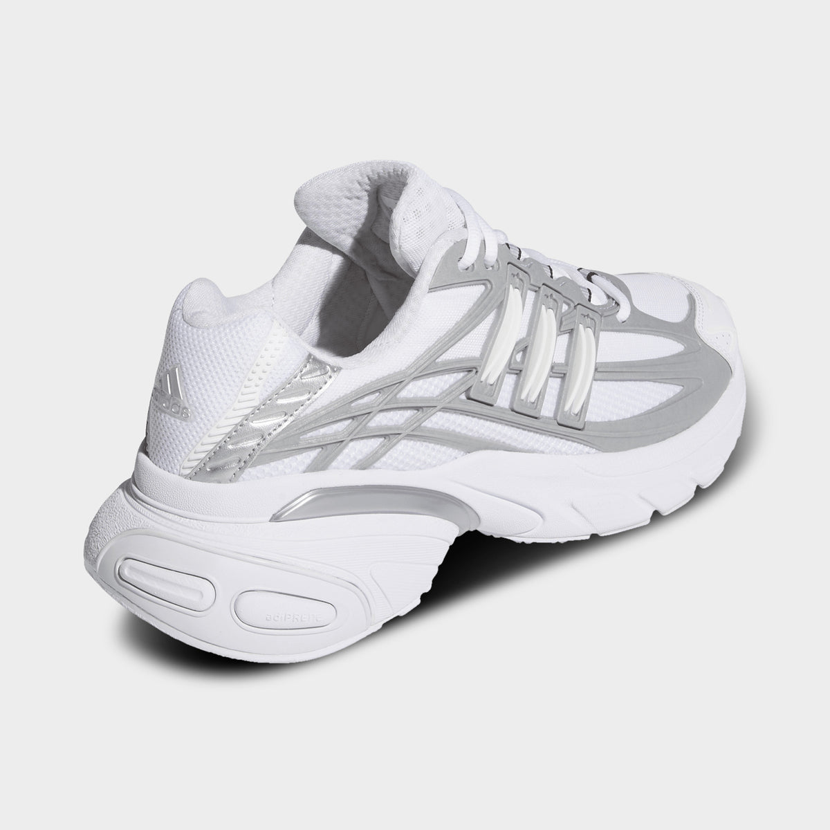 adidas Adistar XLG 2.0. Opposite side view of footwear white and silver metallic sneaker with angular overlays and sculpted heel.