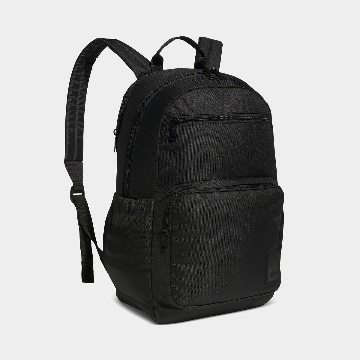 adidas Premise 2.0 Backpack. Front three-quarter view of black backpack with multiple zip compartments, side pockets, padded shoulder straps and top carry handle.