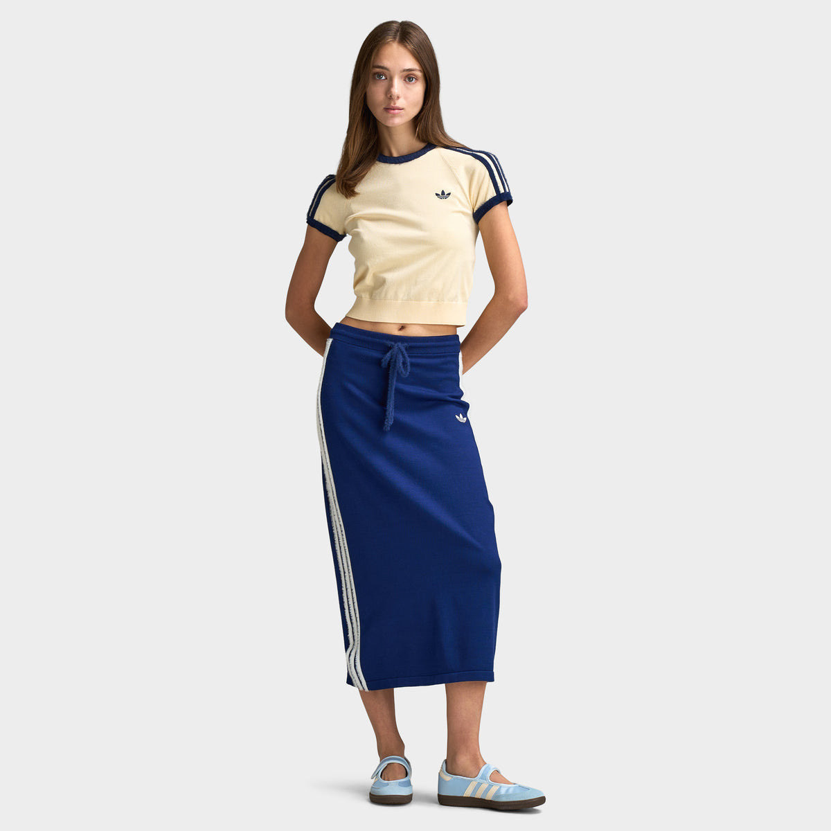 adidas Women's 3 Stripe Knit T-Shirt Warm Vanilla / Night Indigo