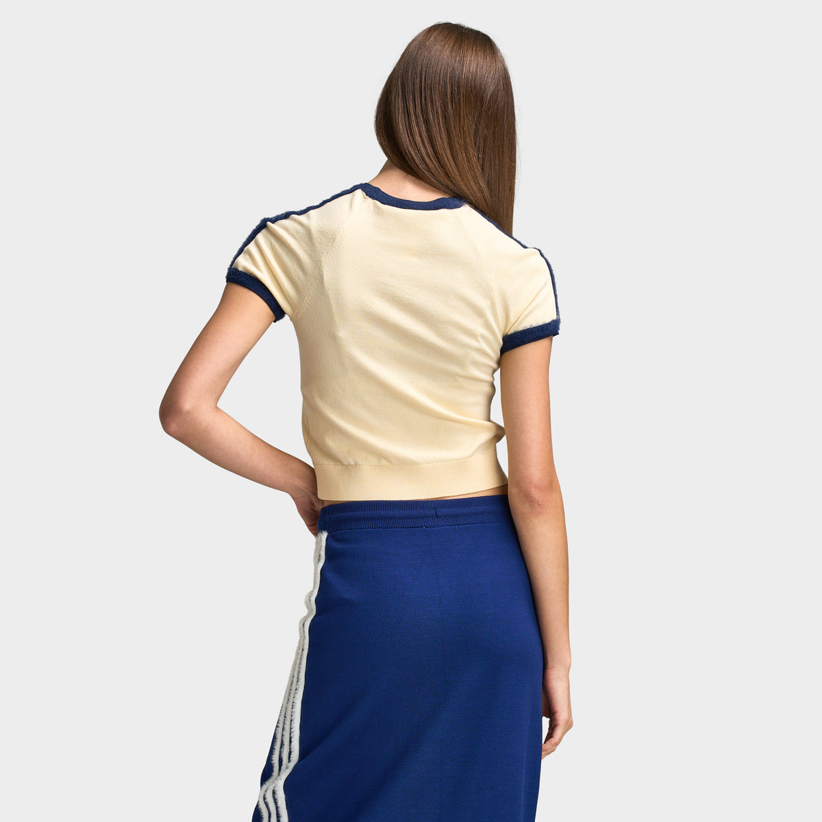 adidas Women's 3 Stripe Knit T-Shirt Warm Vanilla / Night Indigo