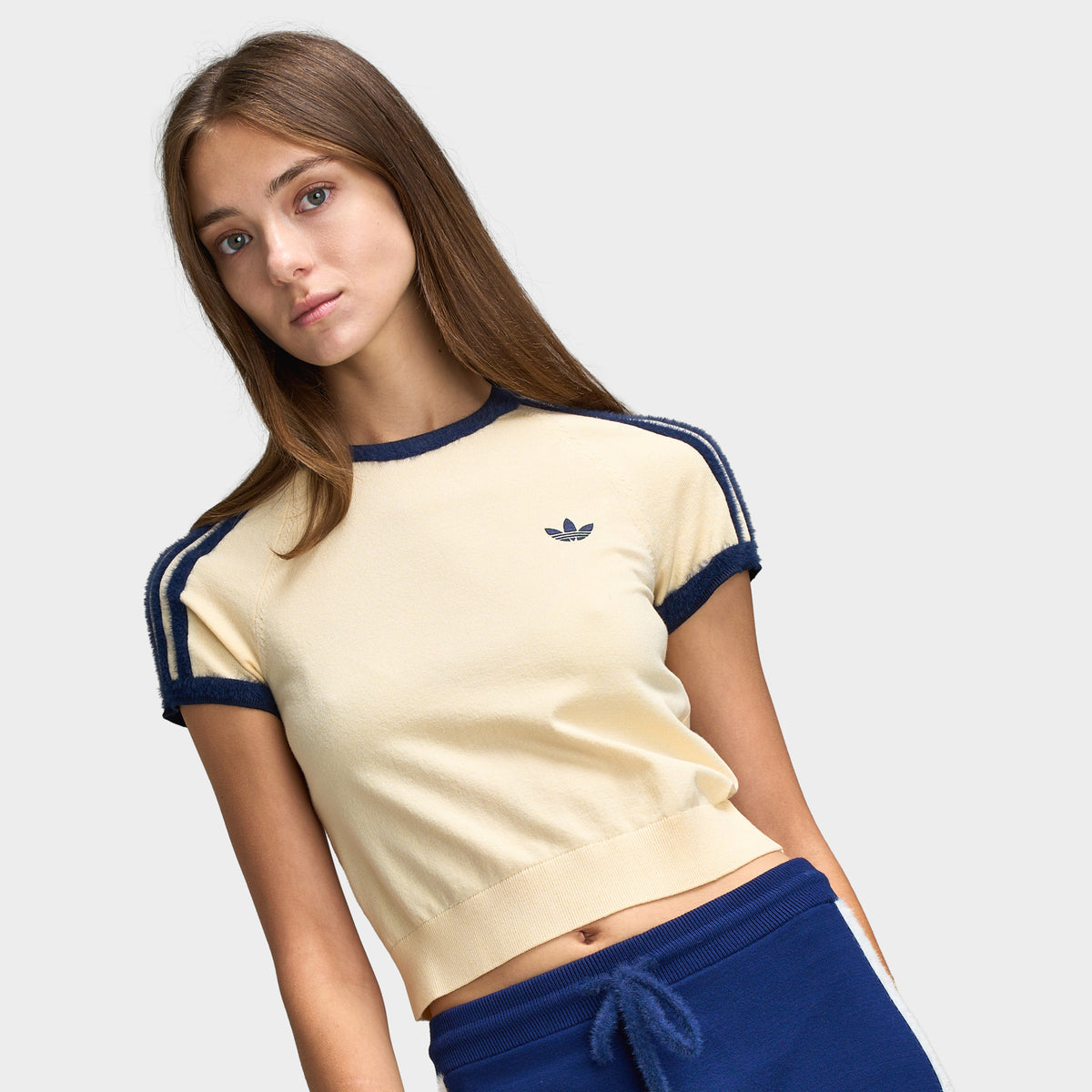 adidas Women's 3 Stripe Knit T-Shirt Warm Vanilla / Night Indigo