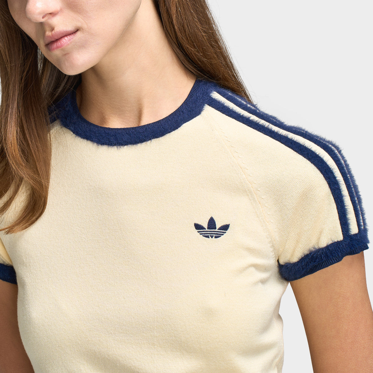 adidas Women's 3 Stripe Knit T-Shirt Warm Vanilla / Night Indigo