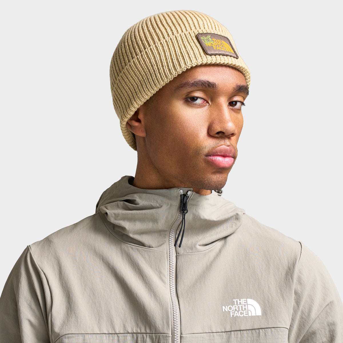 The North Face Logo Box Cuffed Beanie / Khaki Stone