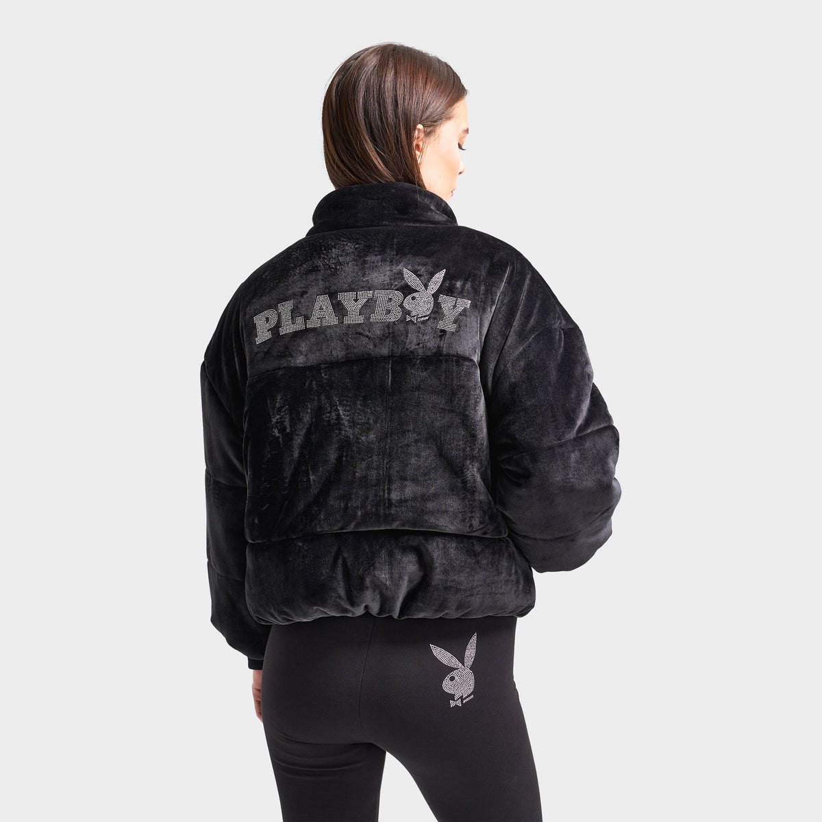 Playboy Women s Bunny Velour Puffer Jacket Black JD Sports