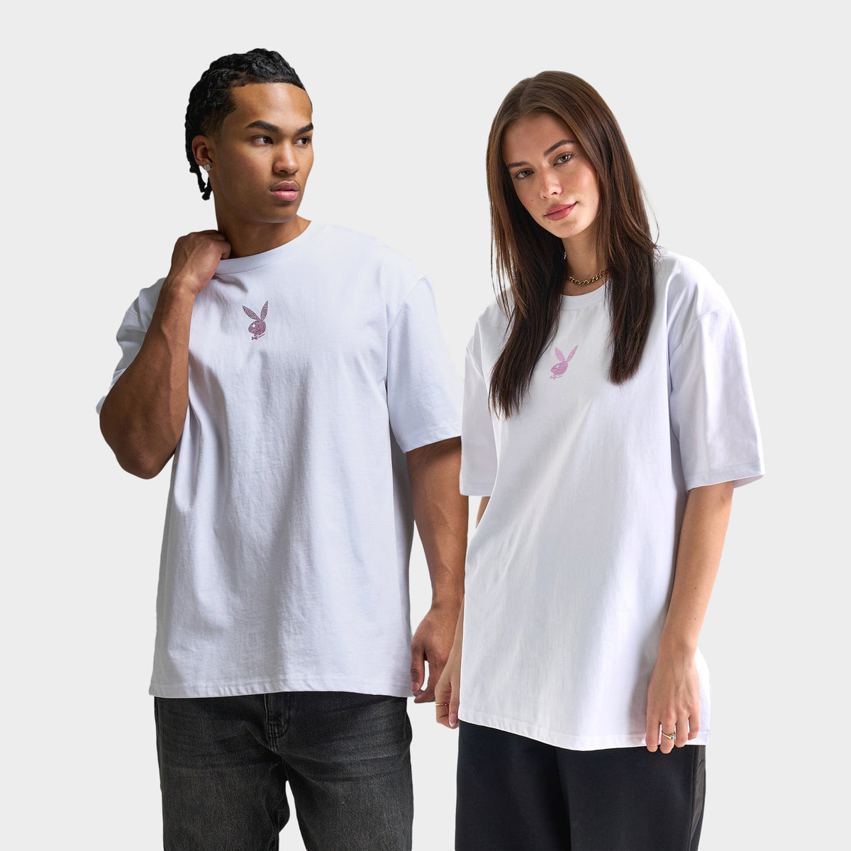 xs 白 Playboy Women's Diamonte Oversized Graphic Tee / White | JD