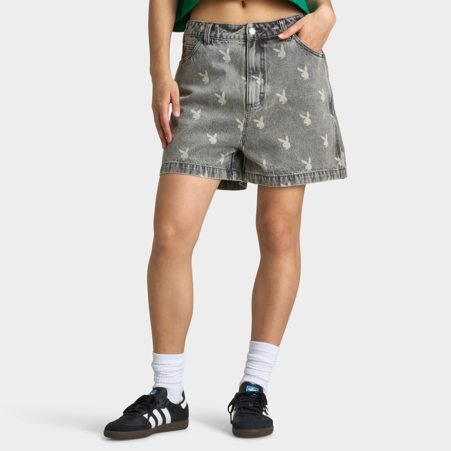 Playboy Bunny Logo Washed Denim Shorts / Light Grey Washed